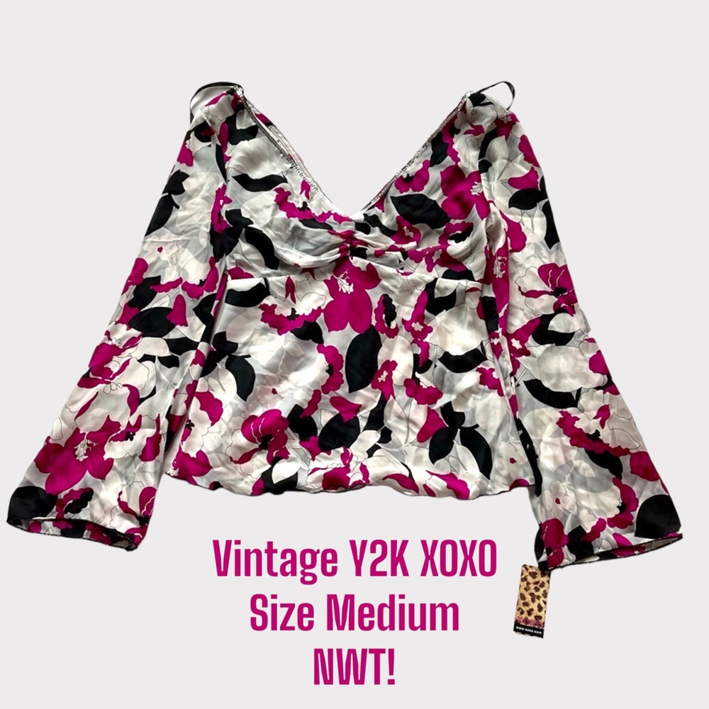 Vintage XOXO pink black & white floral silky sequin trim long sleeve blouse